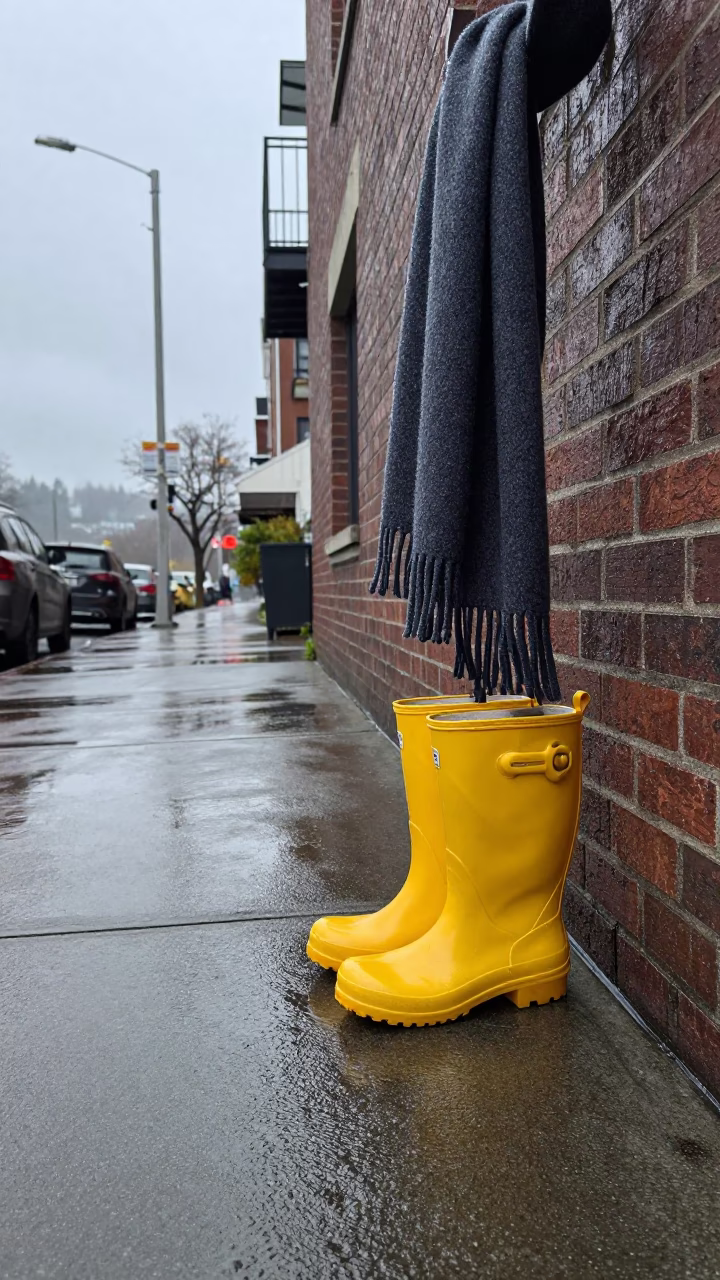 Rain boots and scarves on wet Portland sidewalk under gray sky in in Portland, Oregon, United States