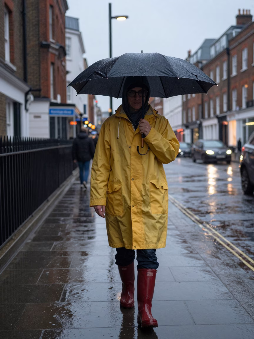 Rain Boots and Umbrella Shelter Dusk Street Scene London in in London, United Kingdom