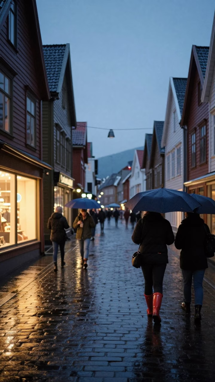 Rain Boots and Umbrellas in Bergen Norway Indigo Twilight Street Scene in in Bergen, Norway