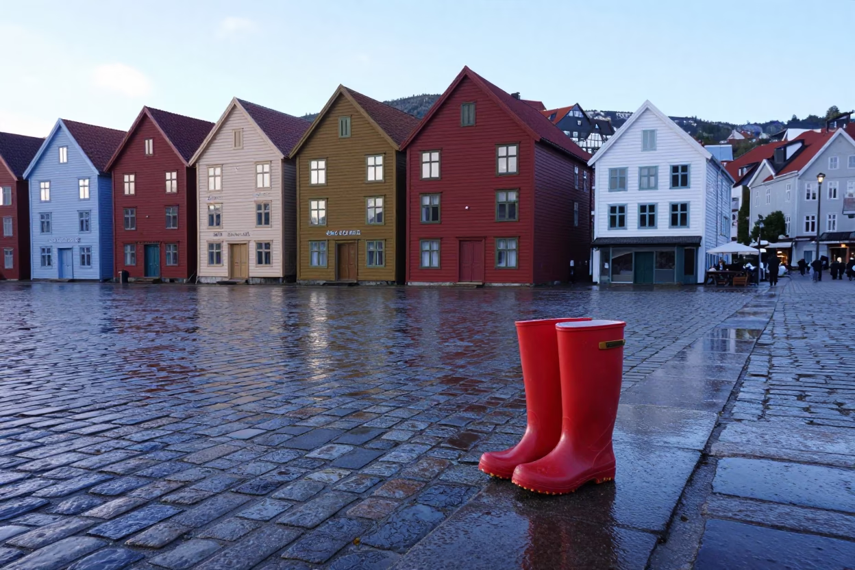 Rain Boots and Wet Cobblestones in Historic Bryggen Bergen Norway in in Bergen, Norway