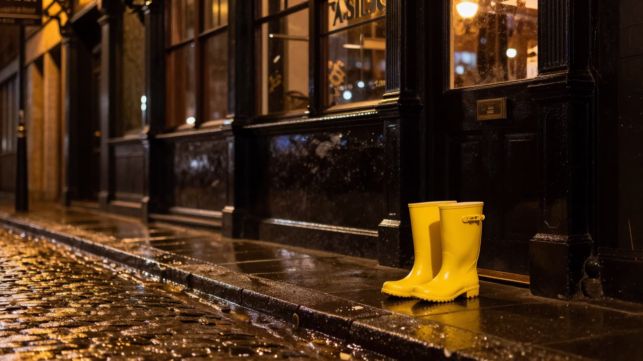 Rain Boots and Wet Pavement at Night in Dublin Ireland Street Scene in in Dublin, Ireland