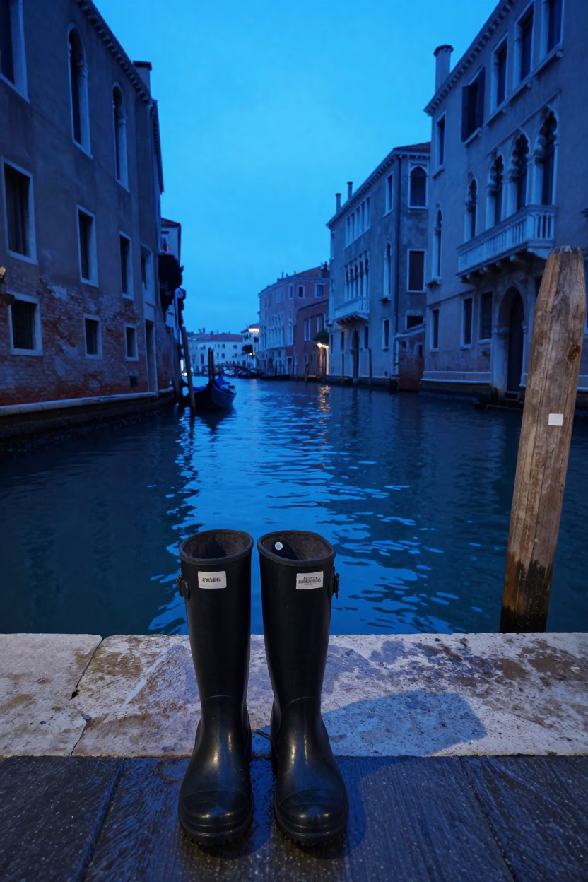 Rain Boots in Venice at The Last Blue Light Of Evening in in Venice, Italy