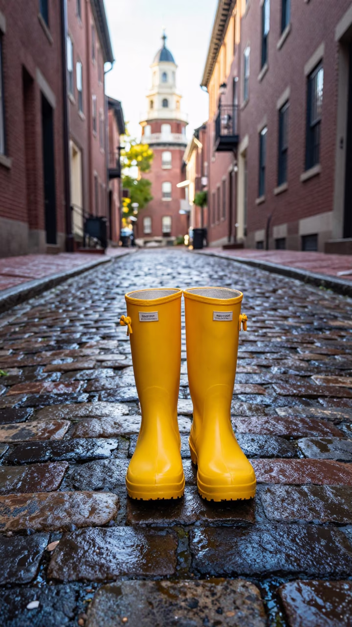 Rain Boots on Wet Cobblestones in Historic Beacon Hill Boston Late Morning in in Boston, Massachusetts, United States