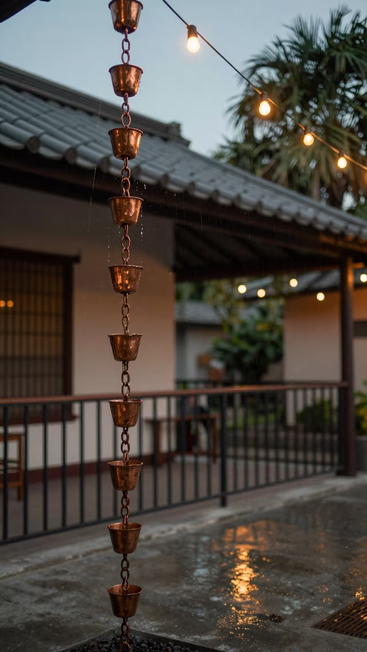 Rain Chain on Pier Railing Twilight Glow in on a pier railing in Coatzacoalcos