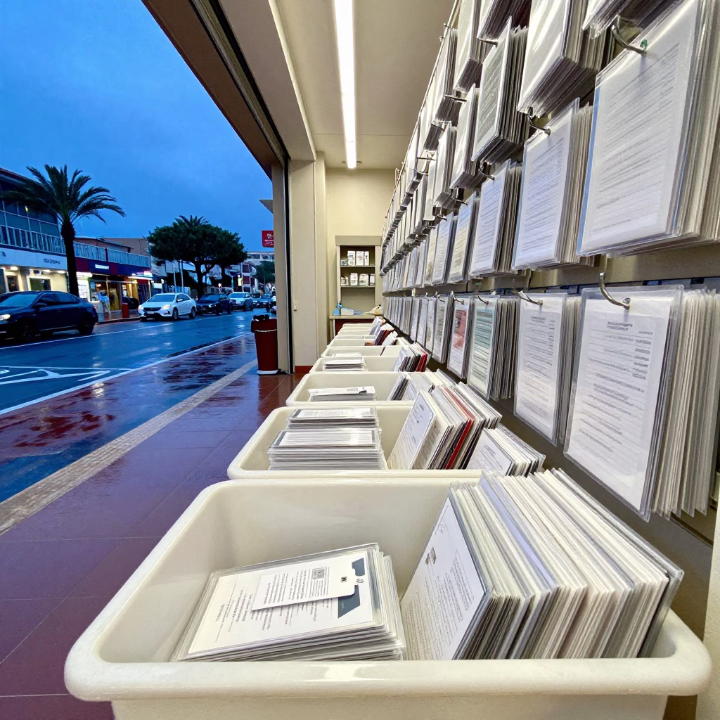 Rain Check Card Box in Bright Retail Aisle in inside a bright retail aisle near Cannes