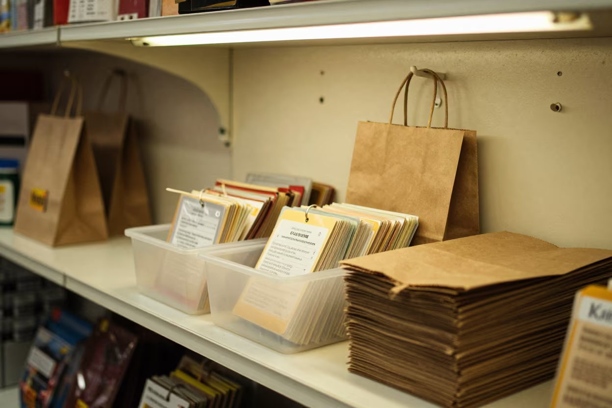Rain Check Card Box at Cochabamba Cash Wrap in at a cash wrap counter with bags stacked nearby near Cochabamba