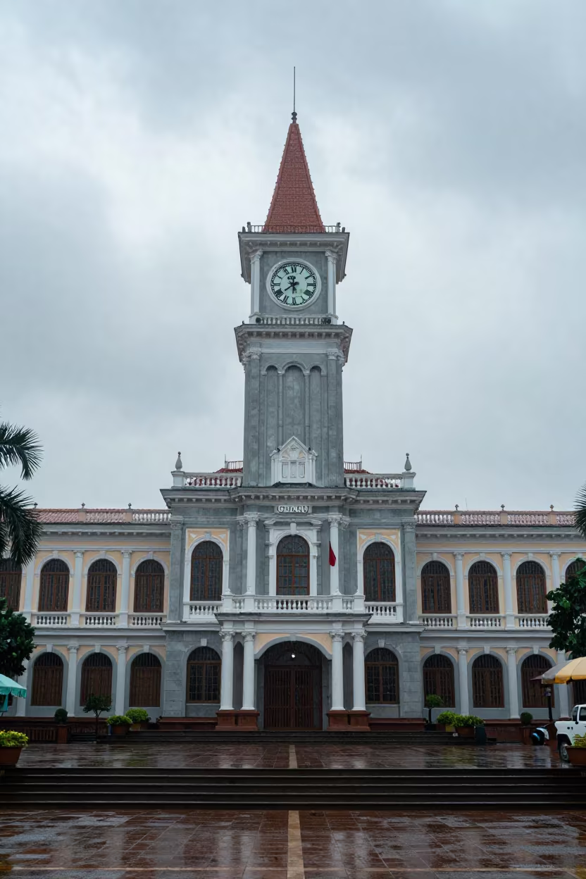 Rain on City Hall Clock Tower Kampong Cham Steps in on the steps of city hall near Kampong Cham