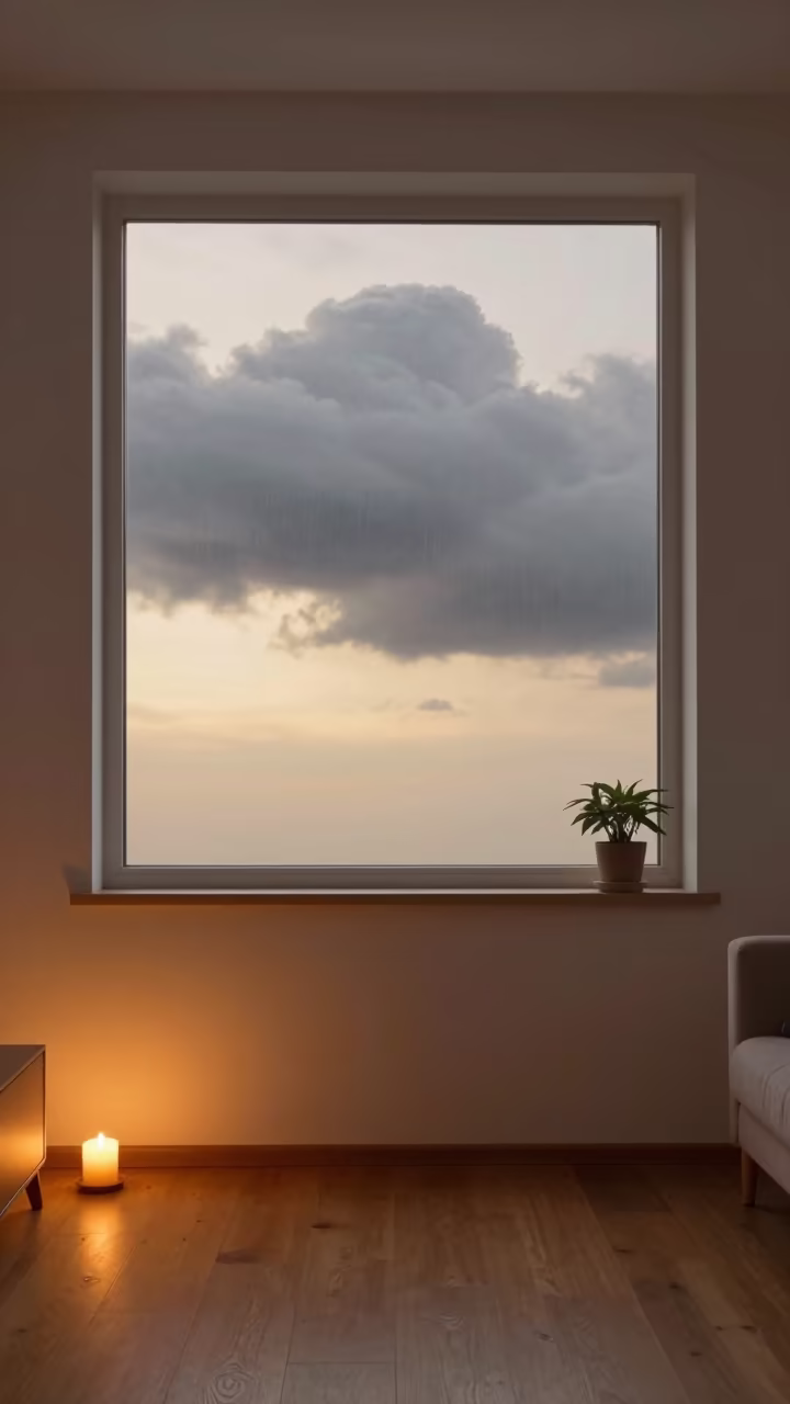 Rain Cloud Over Quito Living Room Golden Hour in in a sunlit living room in Quito