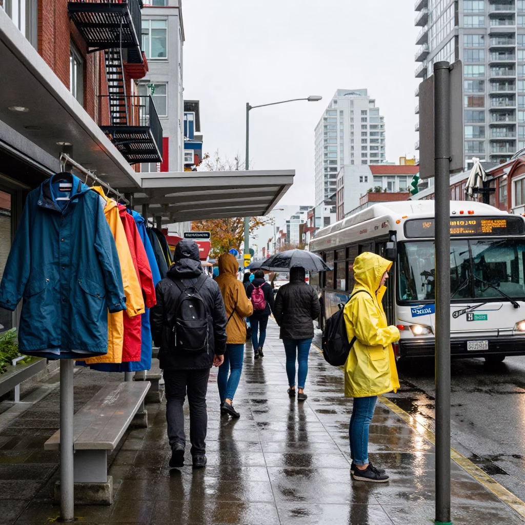 Rain-coated Commuters in Vancouver in in Vancouver, British Columbia, Canada