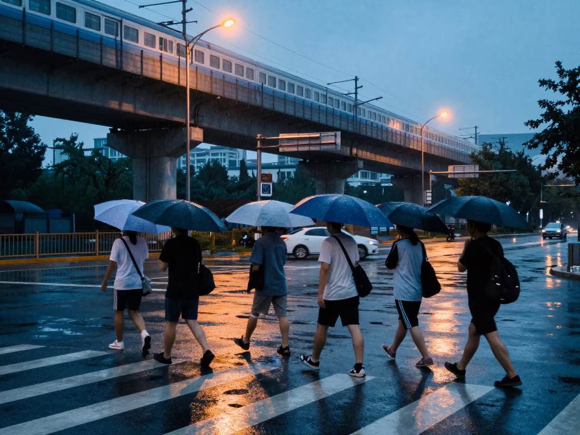 Rain-soaked Commuters Under Jinan Train Line in under an elevated train line in Jinan