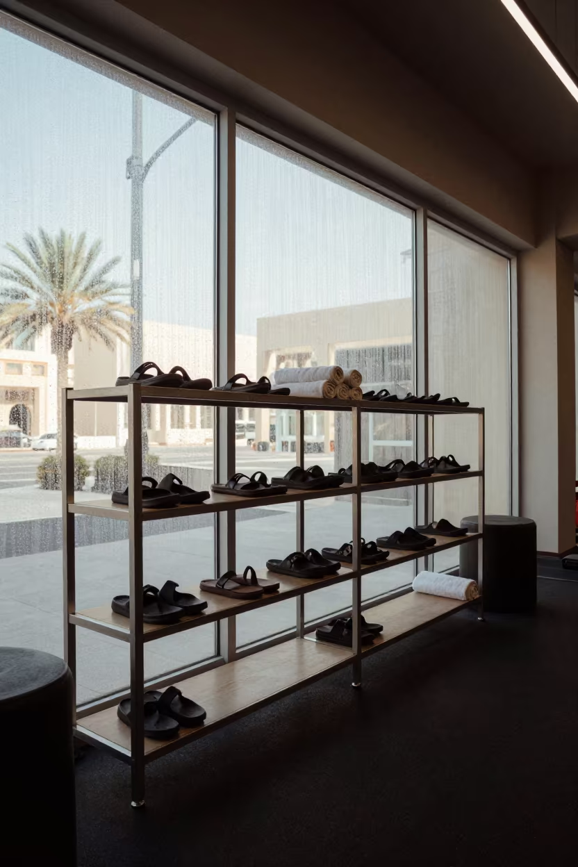 Rain Condensation On Sandals Towels Gym Lobby in inside a climbing gym warmup zone near Ras al-Khaimah