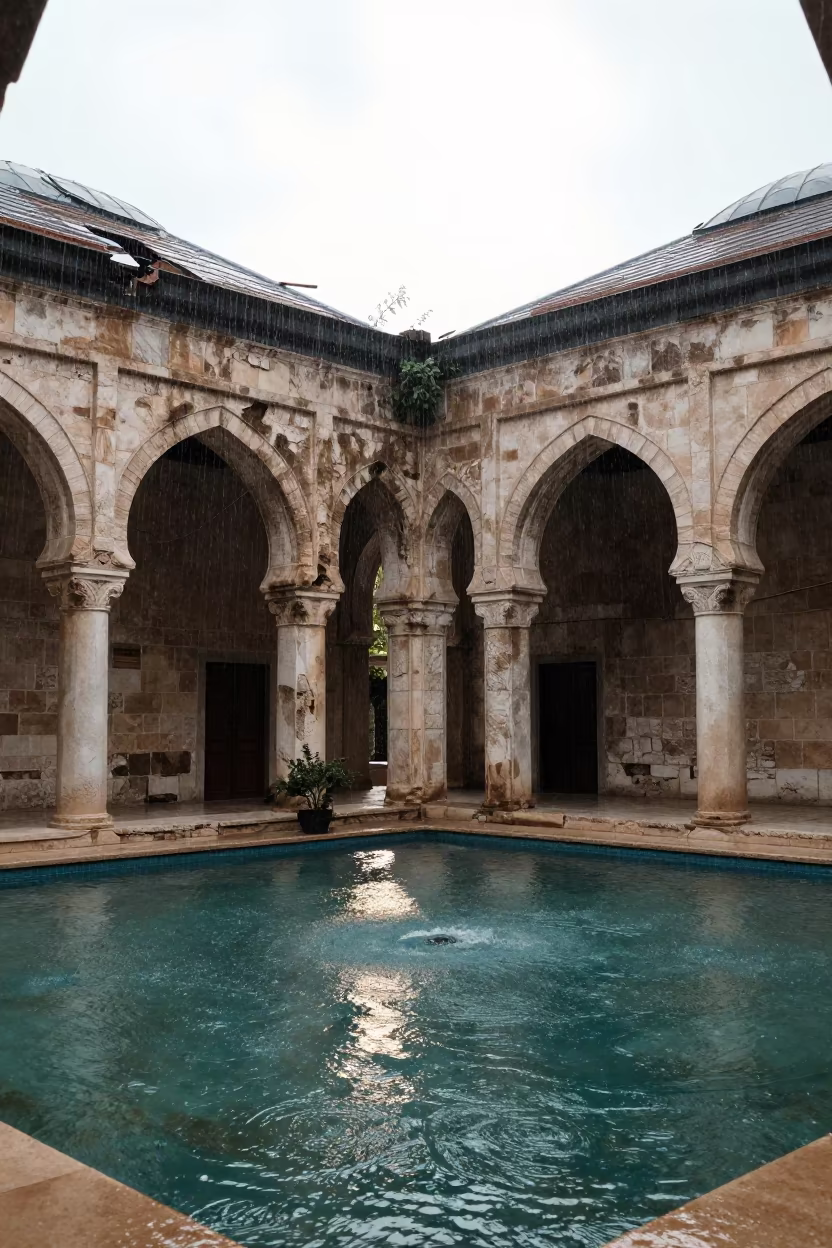 Rain Through Crumbling Hammam Roof Shorouk in inside a roofless hammam near Shorouk