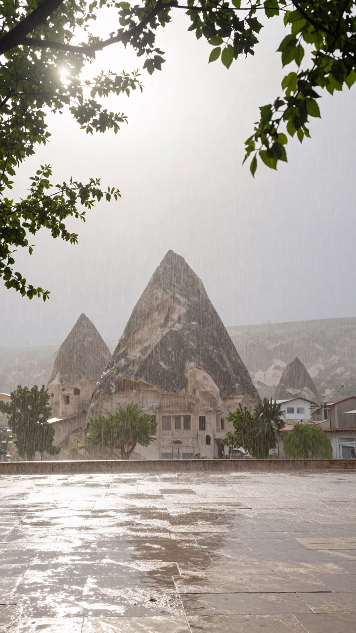 Rain Curtain Falls on Cappadocia Plaza in through low marine fog in Cappadocia