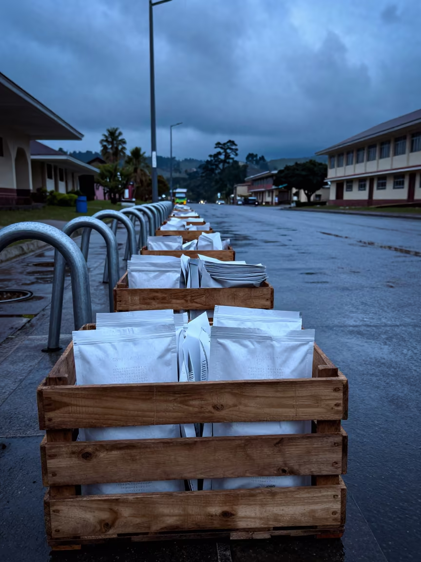 Rain Damp Course Packet Crate at Campus in beside campus bike racks at dawn near Buea