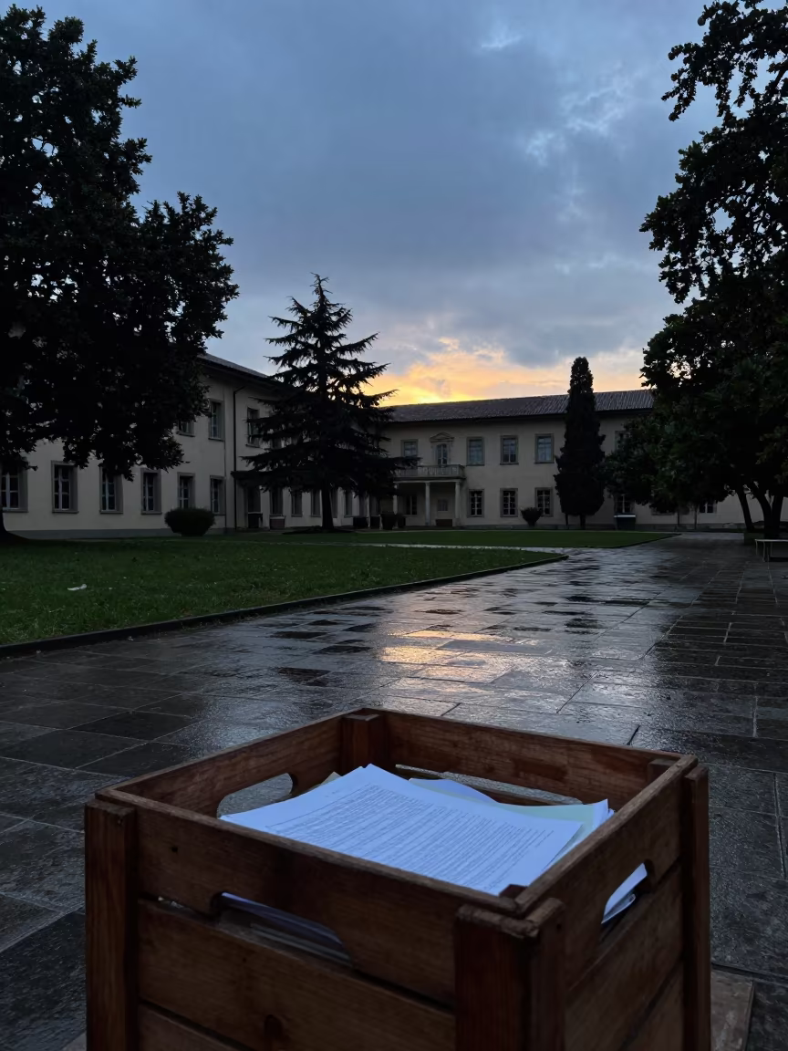 Rain-Damp Education Crate in Twilight Silhouette in across a rain-washed campus courtyard near Terni