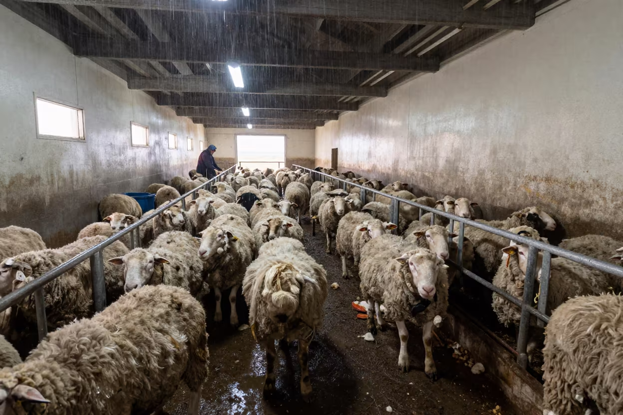 Rain-Damp Sheep in Alberta Shearing Shed in in a stable aisle in Alberta