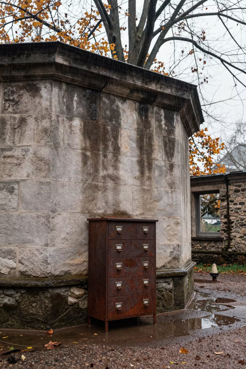 Rain Damp Stains on Hammam Walls in inside a roofless hammam in the Rhine Valley