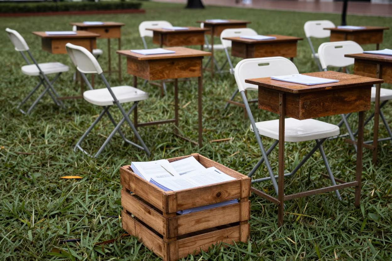 Rain Dampened Course Packets on Graduation Lawn in on a graduation lawn under folding chairs in Ho Chi Minh City