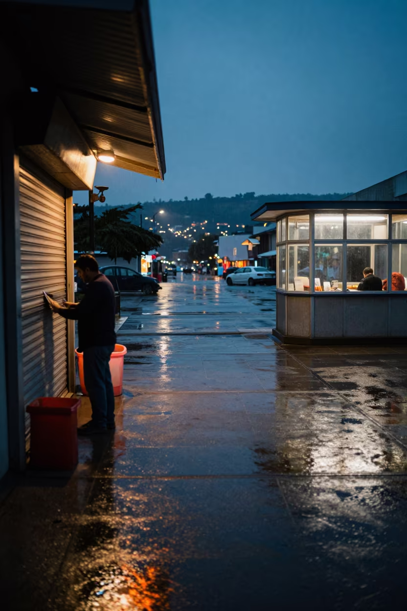 Rain-Dark Newsstand Closing at Evening in by a rain-darkened kiosk in Kut