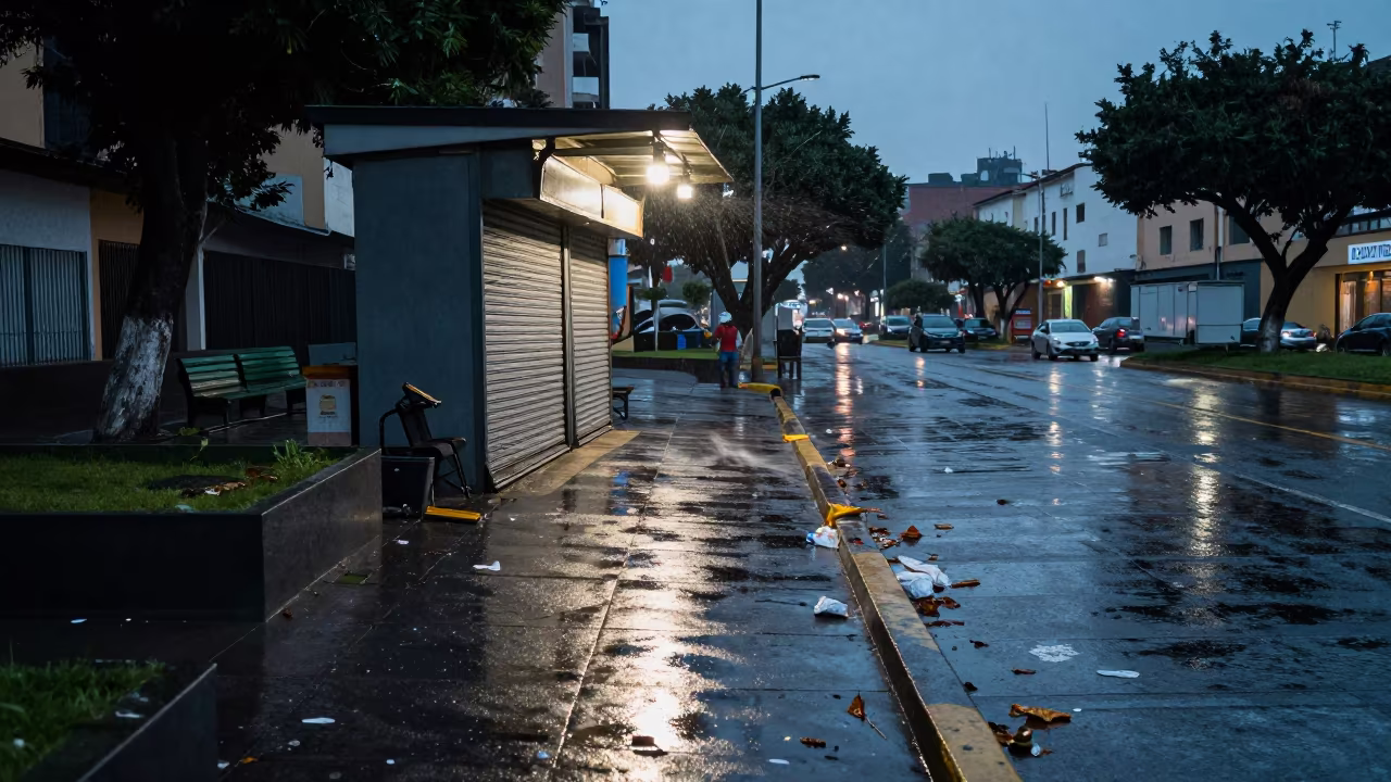 Rain-Dark Newsstand Closing Under Flickering Lima Light in beneath a flickering underpass light in Lima