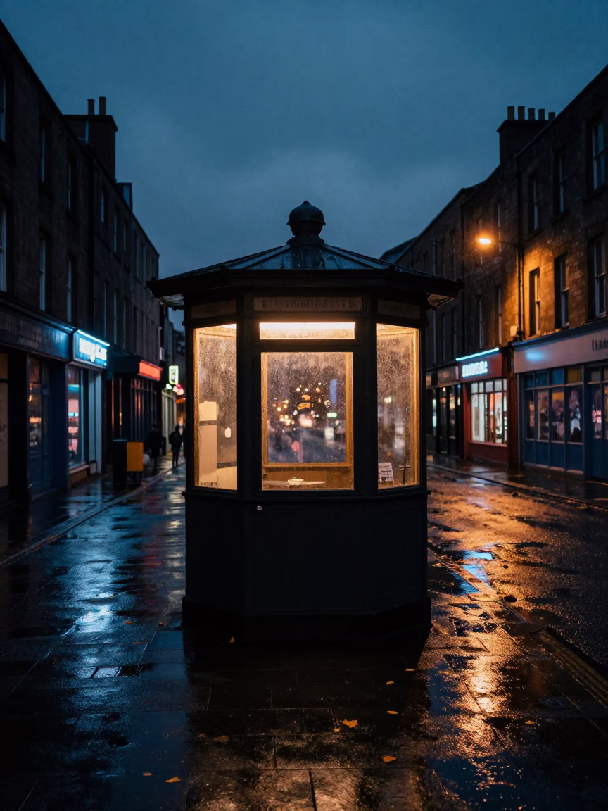 Rain Darkened Alley Shortcut Blantyre Midnight Neon in by a rain-darkened kiosk in Blantyre