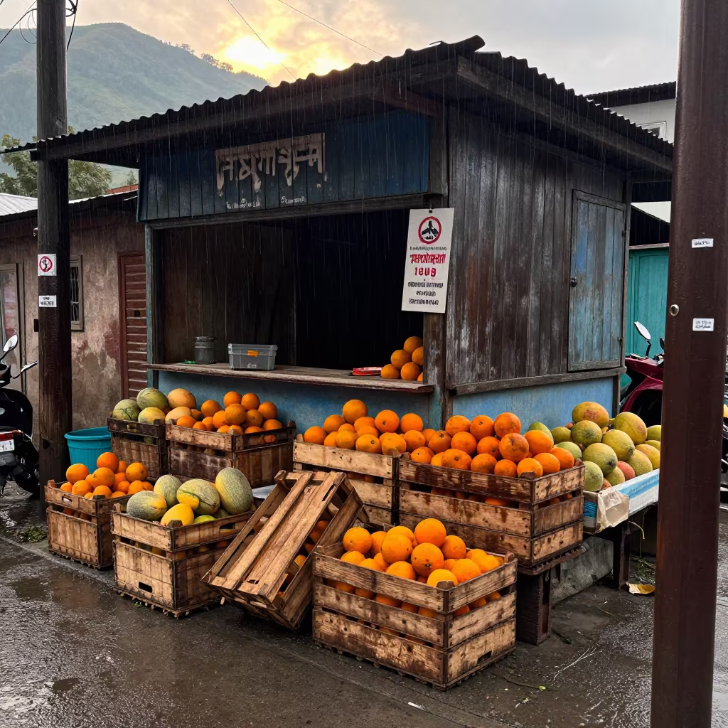 Rain-darkened bodega with fruit crates in Sheikhupura in by a rain-darkened kiosk in Sheikhupura