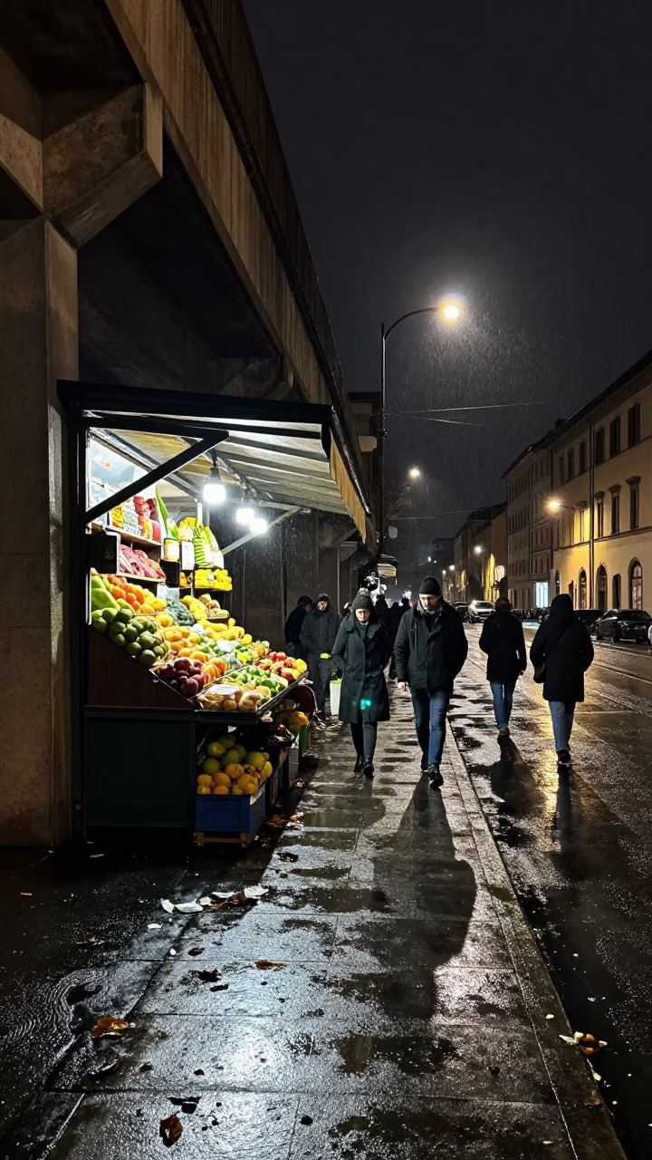 Rain-Darkened Fruit Vendor Closing Under Florence Overpass in by a rain-darkened kiosk in Florence