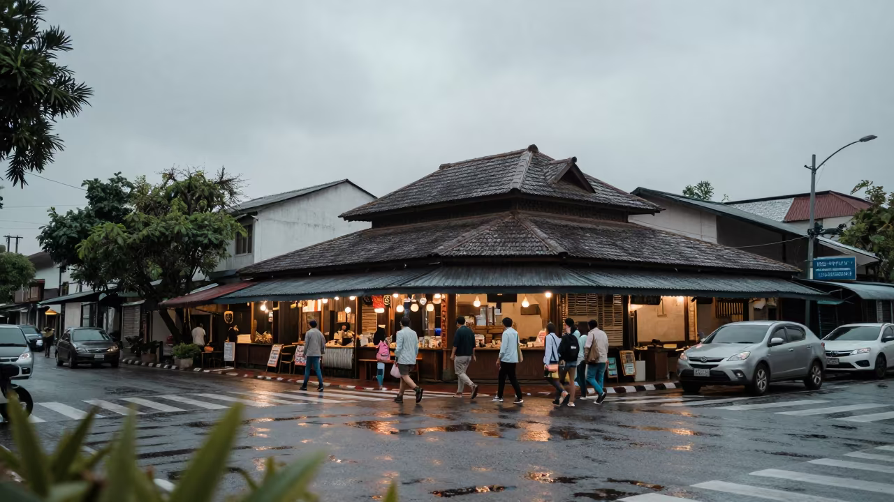 Rain-Darkened Kiosk Chiang Mai Commuters in by a rain-darkened kiosk in Chiang Mai