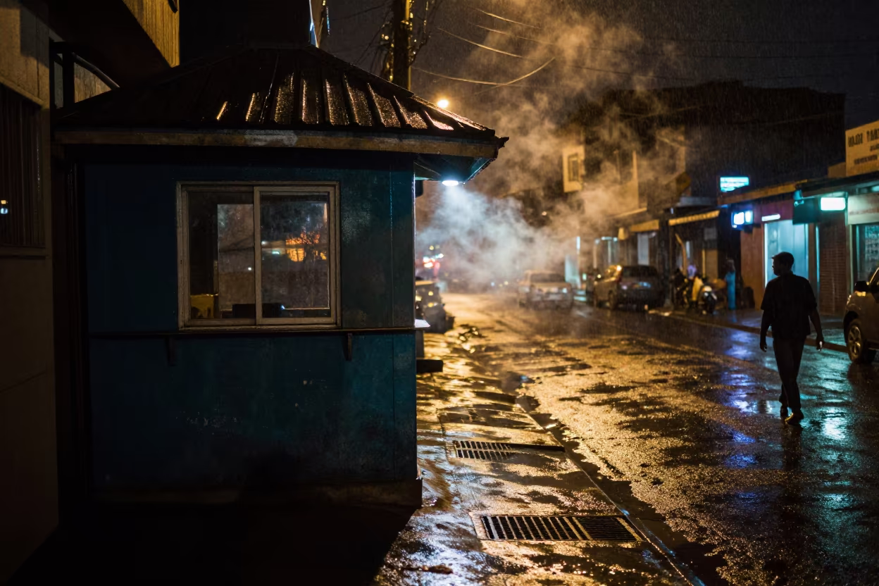 Rain Darkened Kiosk in Dar es Salaam Alley in by a rain-darkened kiosk in Dar es Salaam
