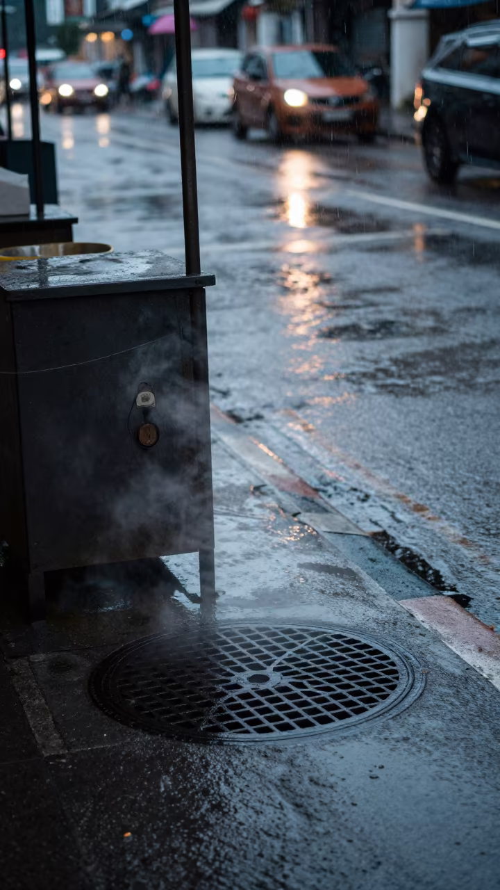 Rain Darkened Kiosk Steam Rising Manhole in by a rain-darkened kiosk in Ipoh