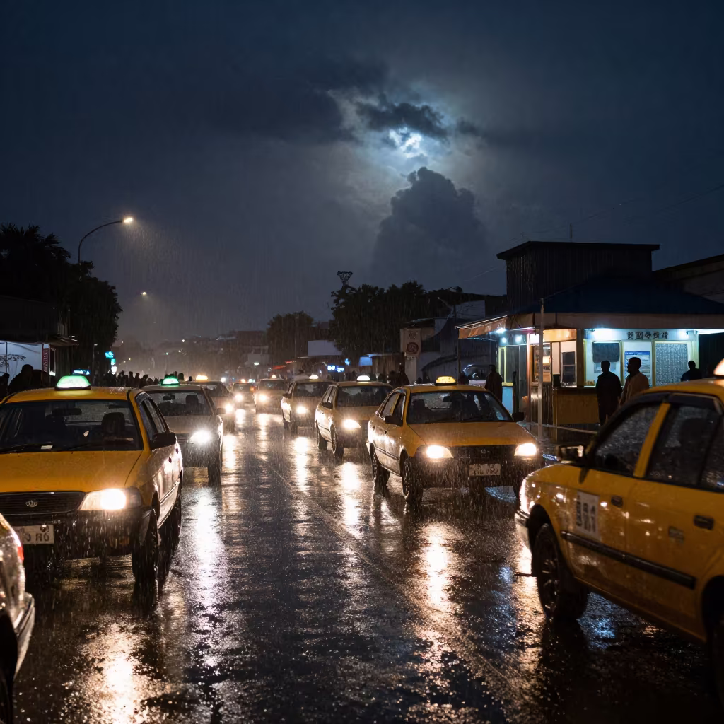 Rain Darkened Mogadishu Taxi Rank Night in by a rain-darkened kiosk in Mogadishu