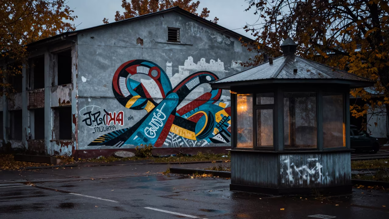 Rain Darkened Mural on Tolyatti Warehouse Wall in by a rain-darkened kiosk in Tolyatti