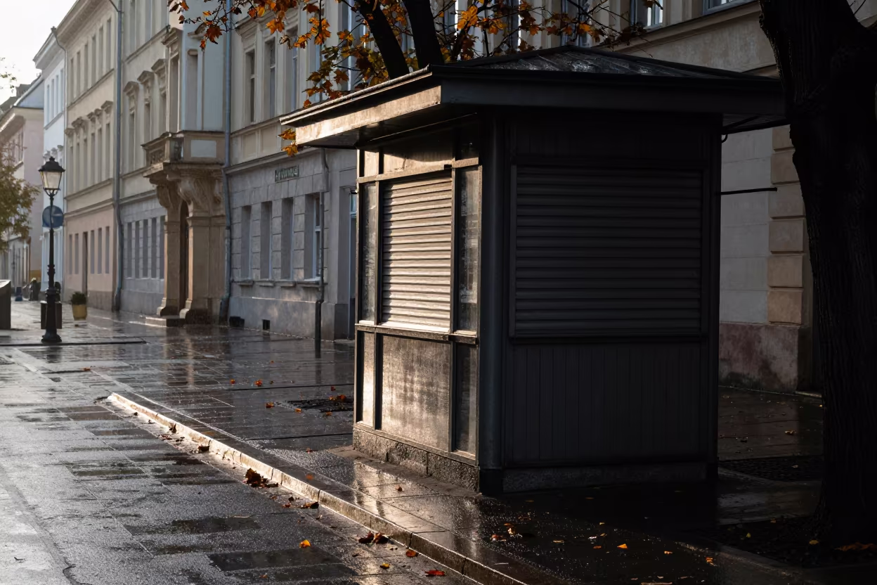 Rain Darkened Pavement Dawn Gliwice Bakery in by a rain-darkened kiosk in Gliwice