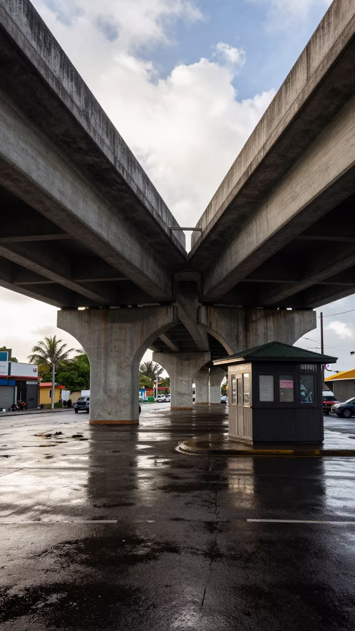 Rain Darkened Pavement Under Galapagos Overpass in by a rain-darkened kiosk in Galapagos