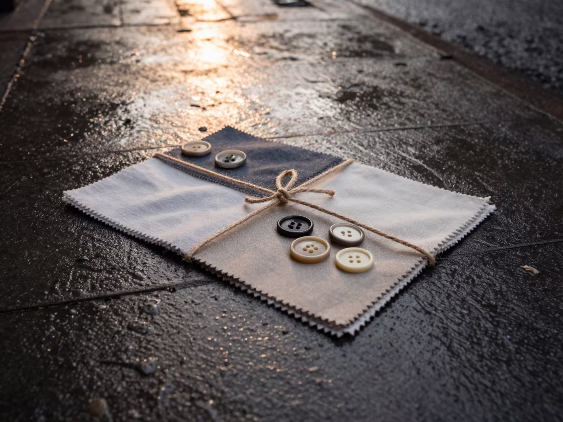 Rain Darkened Sidewalk Fashion Swatches Buttons in on a rain-darkened city sidewalk near Jakarta