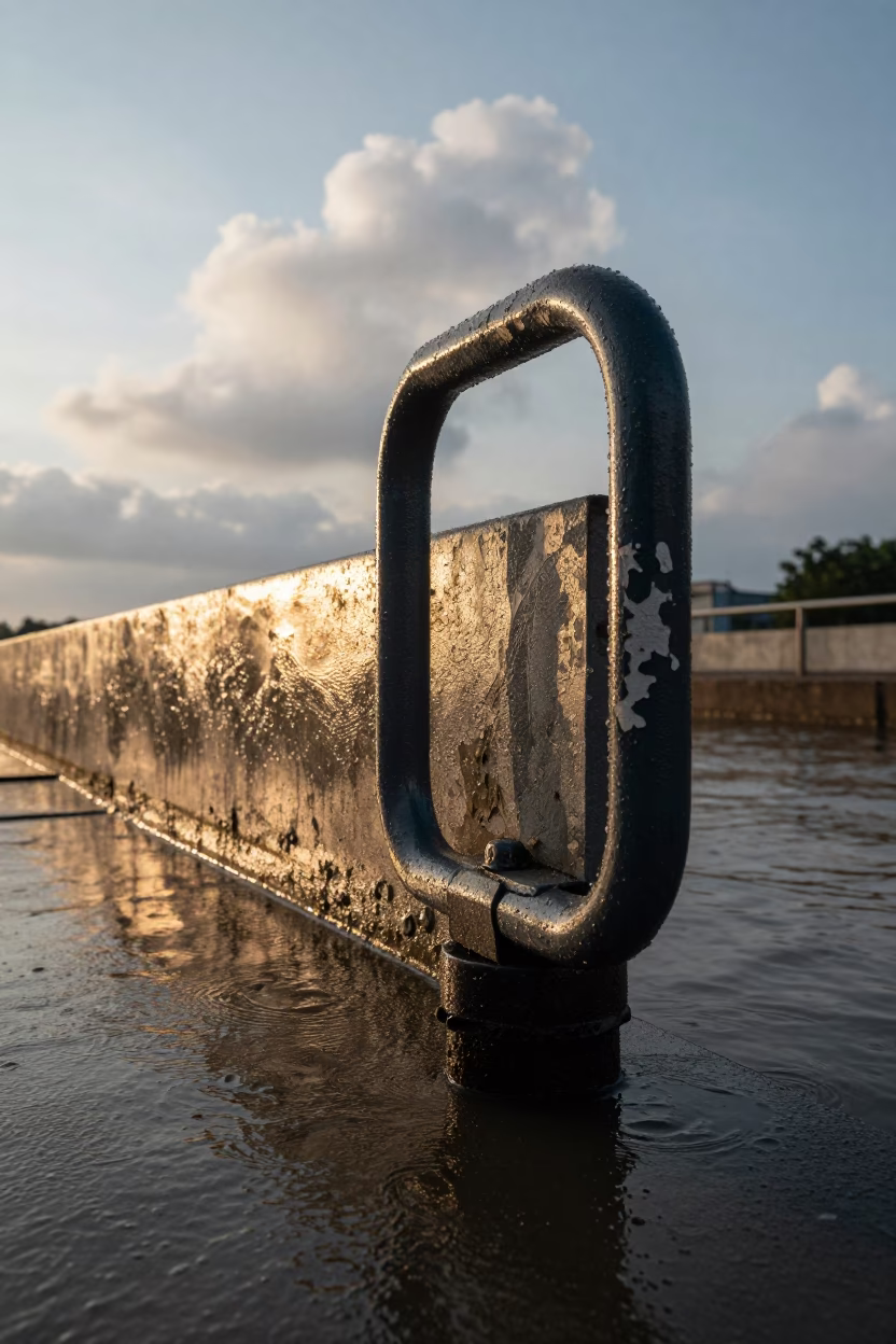 Rain Darkened Sluice Gate Handle at Jakarta Levee in along a levee path above floodwater in Menteng, Jakarta