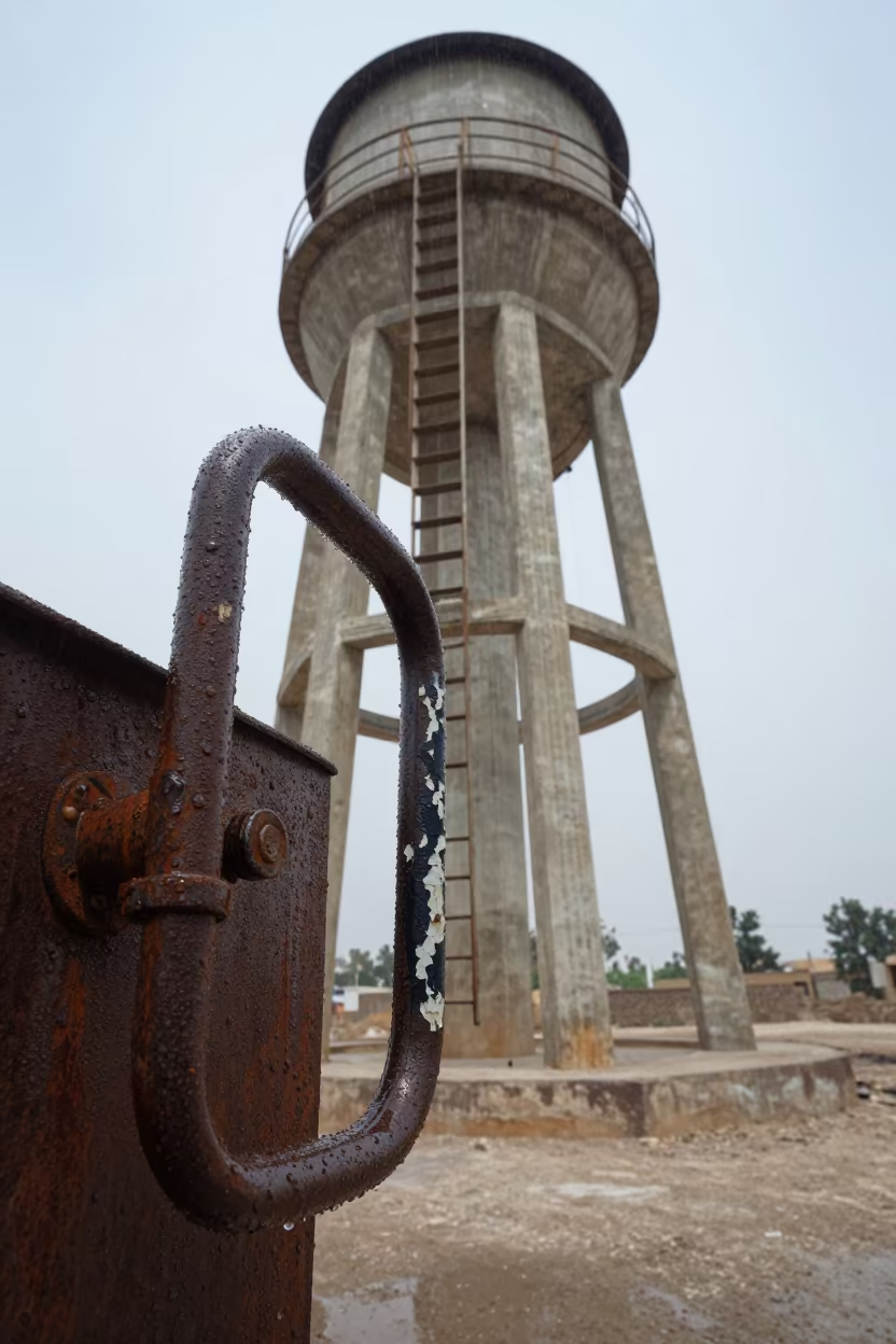 Rain-Darkened Sluice Gate Handle Low Angle in beside a water tower ladder in Afghanistan