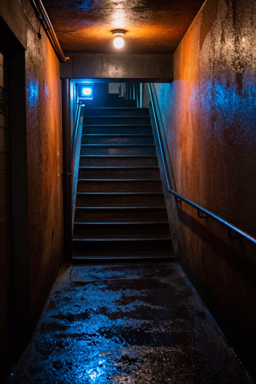 Rain Darkened Staircase Under Sodium Glow in by a rain-darkened kiosk in Barangaroo, Sydney