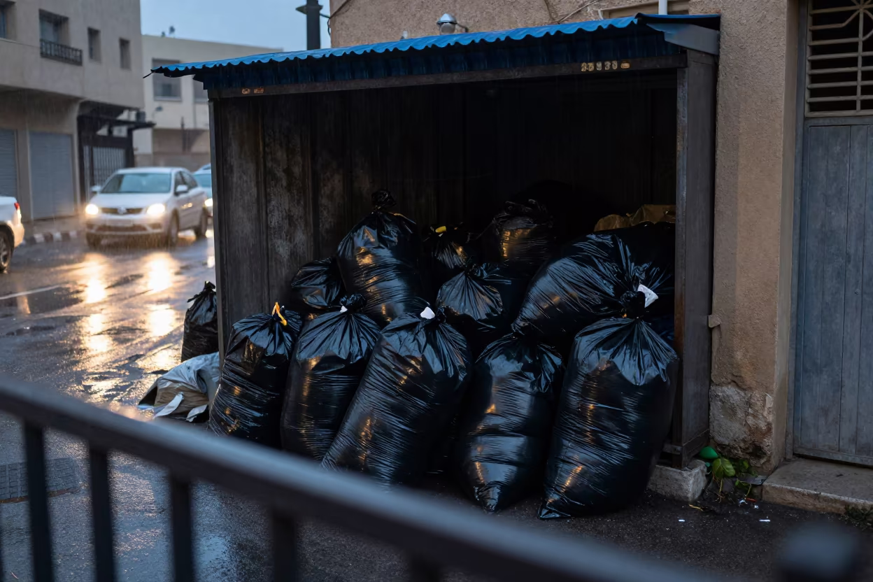 Rain Darkened Trash Bags in Riyadh Alley in by a rain-darkened kiosk in Riyadh