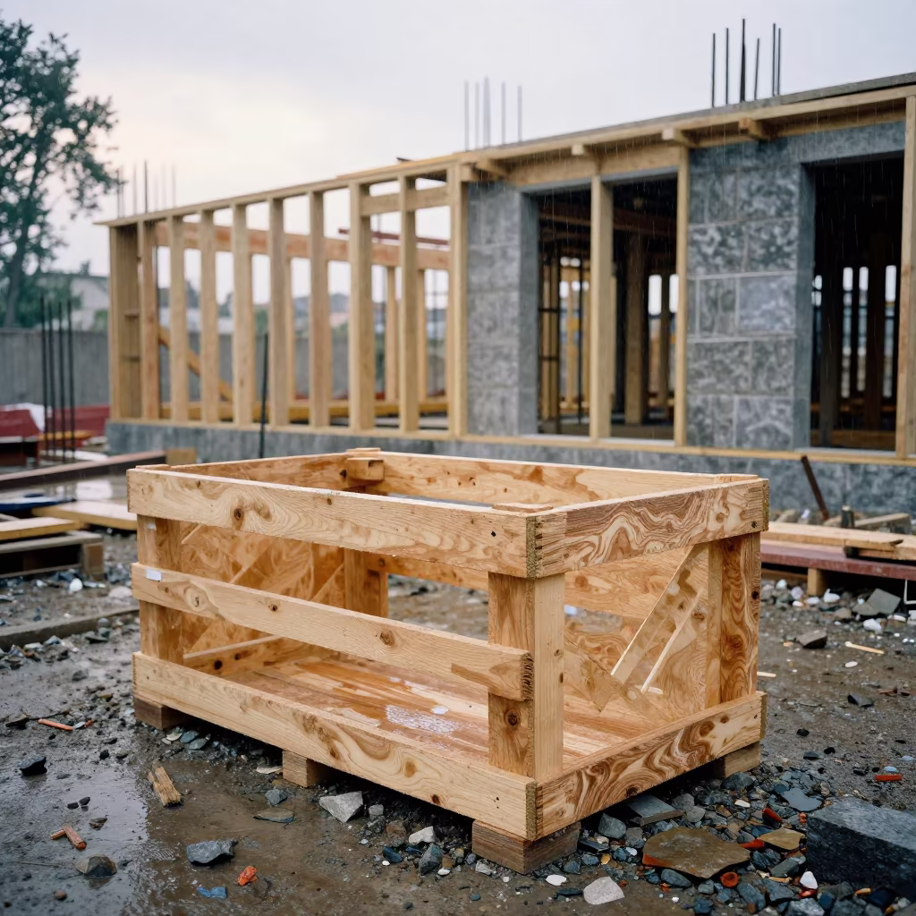 Rain Darkens Dusty Plywood Construction Crate in beside a framed building shell in Hama