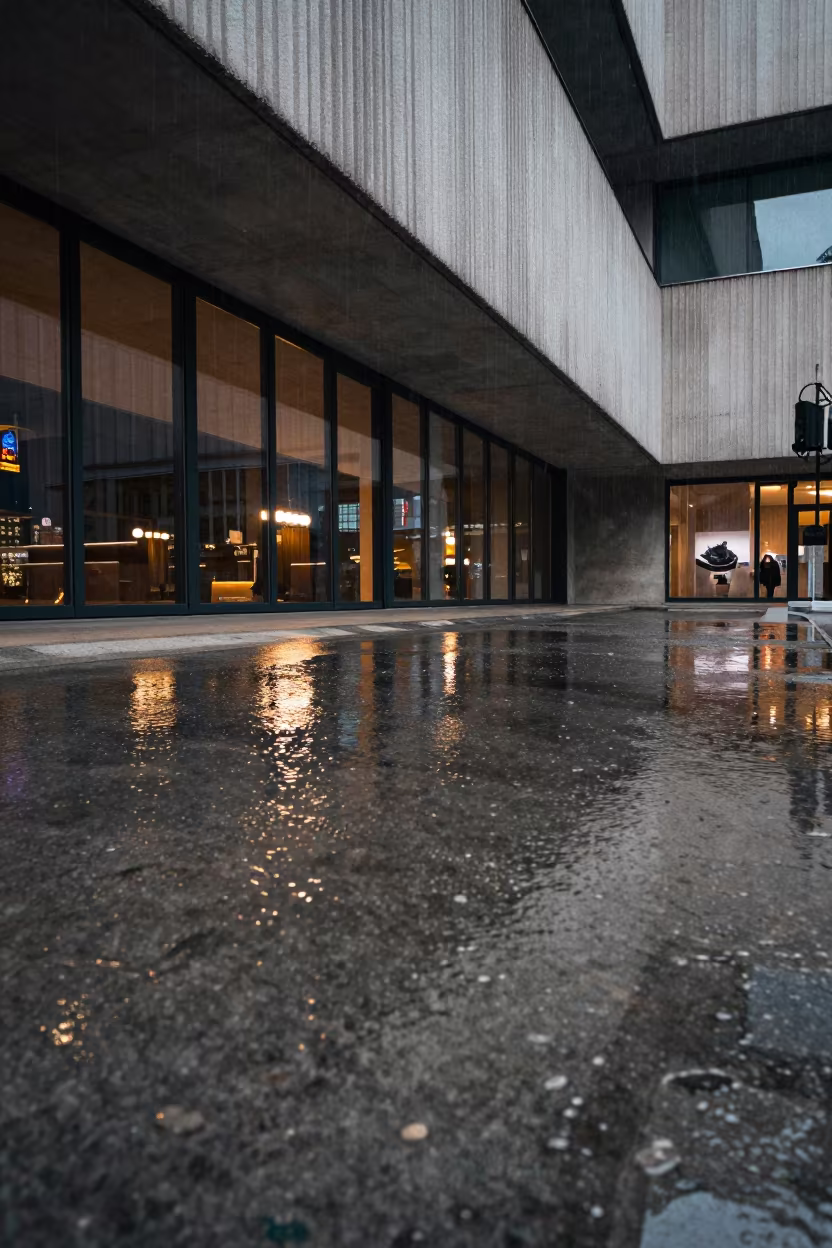 Rain Dimples on Puddle in Budapest Lobby in inside a ribbed concrete lobby in Margaret Island, Budapest