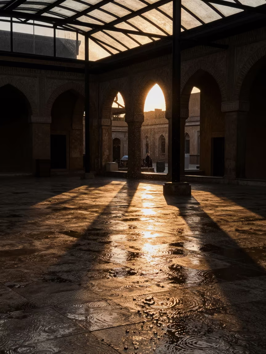 Rain Dimples on Puddle in Coptic Arcade in inside a glass-roofed arcade in Coptic Cairo, Cairo