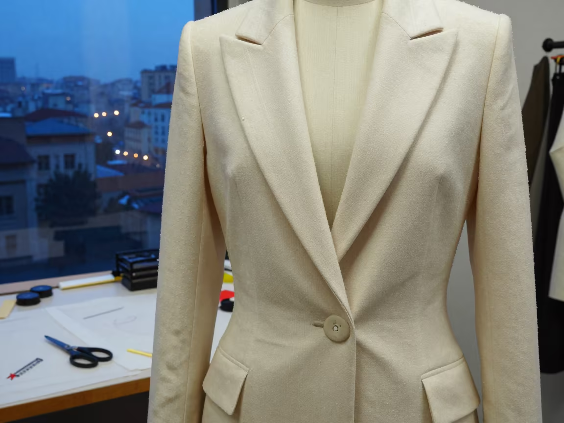 Rain-Drenched Outerwear Dress Form Tirana Atelier in at a tailoring table strewn with chalk and shears in Tirana