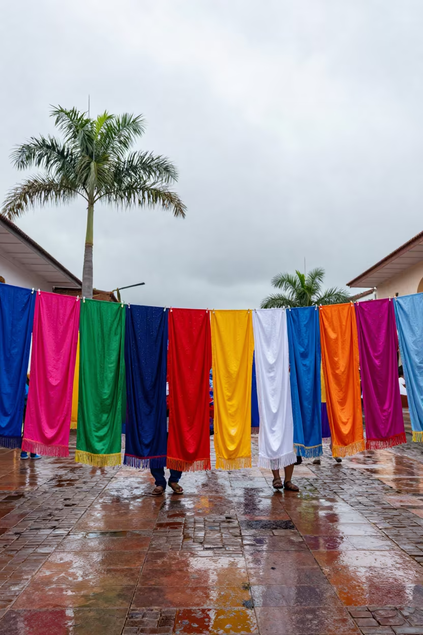 Rain-Dried Banners in Huánuco Festival Square in at a public square during a festival near Huánuco
