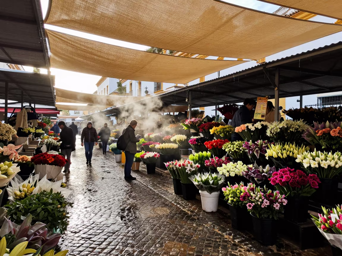 Rain Drips on Cobblestones at Seville Flower Auction in at a flower auction bench in Santa Cruz, Seville