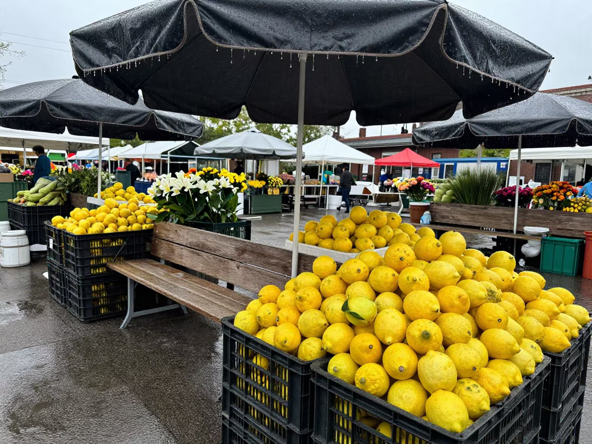 Rain Drips From Market Umbrella Beside Lemon Crates in at a flower auction bench in Cincinnati