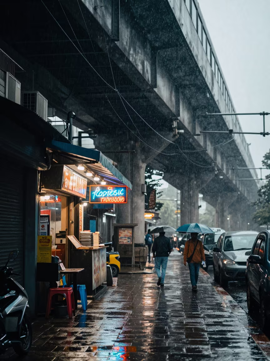 Rain Drips from Neon Bodega Awning Dawn in under an elevated train line in Bangalore