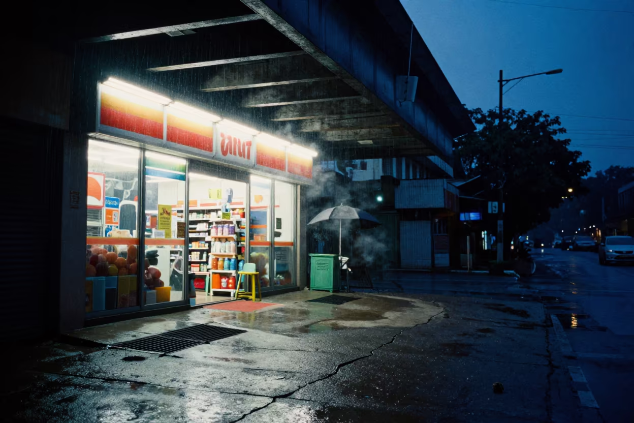Rain Drips Underpass Concrete Verawal Store in outside a fluorescent convenience store in Veraval