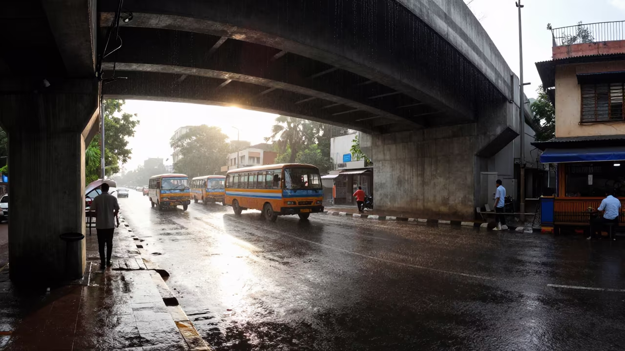 Rain Drips from Underpass Joints Ahmedabad in outside a corner cafe in Ahmedabad