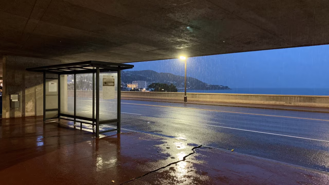 Rain Drips Underpass Monaco Twilight Street in beside a steamed-up bus shelter in Monaco